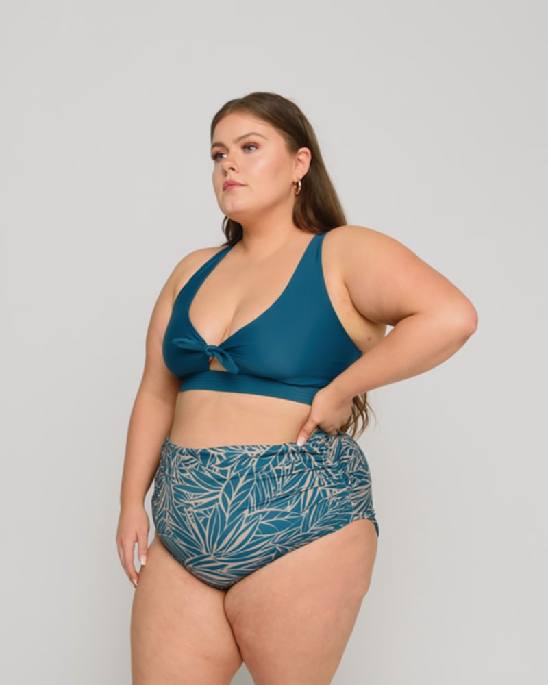 Plus Size Stella Ruched High Waisted Swim Bottoms Amalfi Blue Palm